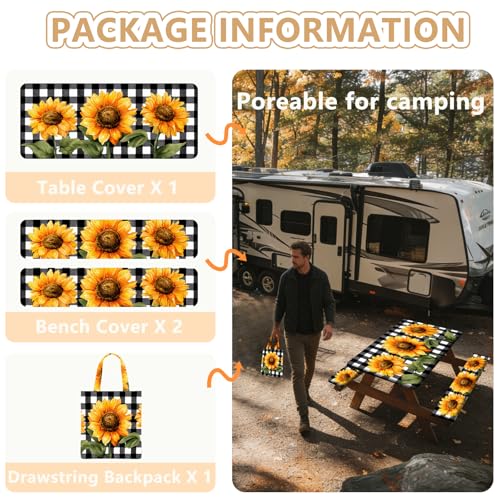 Picnic Table Cover with Bench Covers Elastic Edges, Outdoor Patio Camping Essentials 72 Inch 3PCS, Waterproof Camping Fitted Tablecloth with Handbags (Sunflower buffalo plaid) - color: Black checkered sunflowers, size: 72" x 30" (Rectangular)