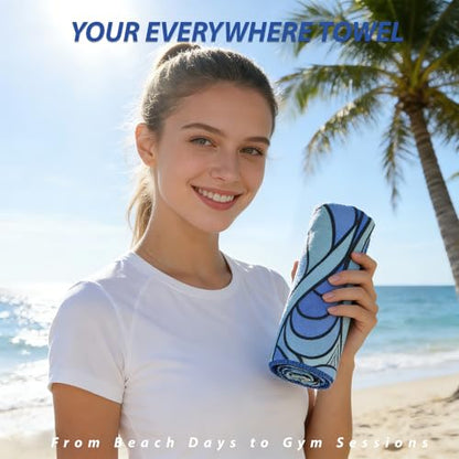 Puomue Microfiber Lightweight Beach Towel, 71 Inch X 32 Inch, Ultra Portable, Sand Free, Quick Dry, Thin and Large Size Towel for Travel, Camping, Swimming (Waves, 71“ X 32”)