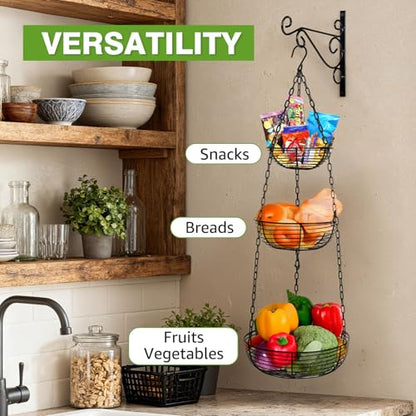 HULISEN 3 Tier Hanging Fruit Basket with Banana Hook, 36-Inch Heavy-Duty Wire Hanging Baskets for Kitchen Storage, Vegetable Produce Organizer (Including Installation Bracket)