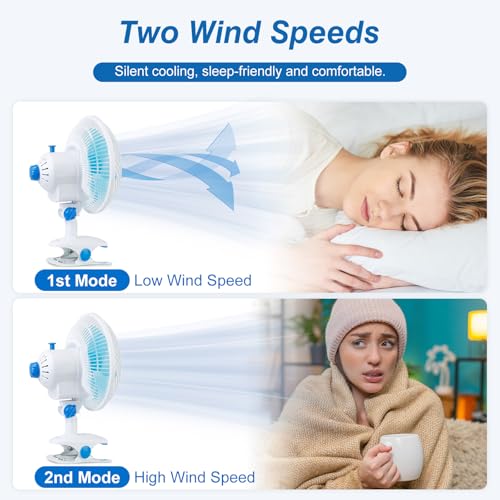 TeqHome Clip-On Fan, 2 Speeds Quiet Oscillating Clip Fan, 90° Adjustable Tilt, Portable Rechargeable Personal Fan for Desk, Home, Office, Dorms, Strollers, Camping, Wall Mount