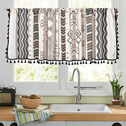 RYNGHIPY Boho Window Valance Cotton Linen Curtain Tiers Farmhouse Window Curtain Topper for Kitchen Living Room Bedroom 55 x 24 Inches Length - color: Cream Black, size: 55"W x 24"L (Pack of 1)