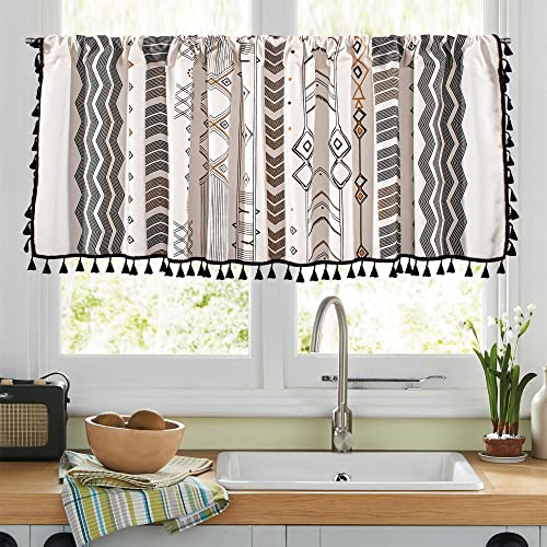 RYNGHIPY Boho Window Valance Cotton Linen Curtain Tiers Farmhouse Window Curtain Topper for Kitchen Living Room Bedroom 55 x 36 Inches Length - color: Cream Black, size: 55"W x 36"L (Pack of 1)