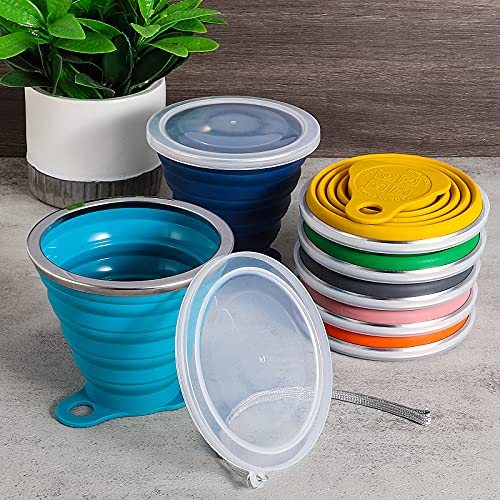 ME.FAN Silicone Collapsible Travel Cup - Silicone Folding Camping Cup with Lids - Expandable Drinking Cup Set - Portable, Graduated [9.22oz] - color: 4 Pack-Bright Orange-Bottle Green-Skyblue-Ginger