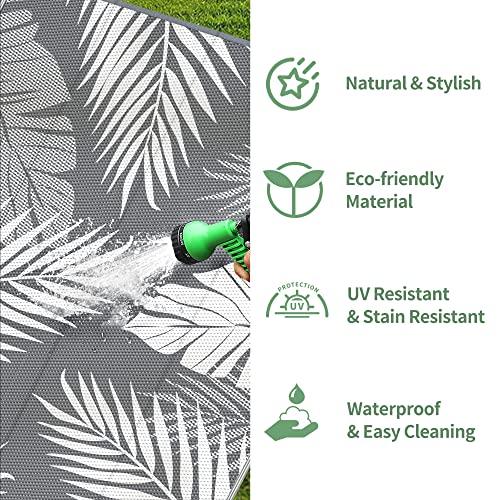 GENIMO Outdoor Rug 9' x 12' Waterproof for Patios Clearance, Reversible Plastic Straw Camping Carpet, Large Area Rugs Mats RV, Picnic, Backyard, Deck, Balcony, Porch, Beach, Grey&White