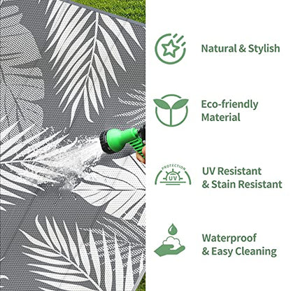 GENIMO Outdoor Rug 9' x 12' Waterproof for Patios Clearance, Reversible Plastic Straw Camping Carpet, Large Area Rugs Mats RV, Picnic, Backyard, Deck, Balcony, Porch, Beach, Grey&White
