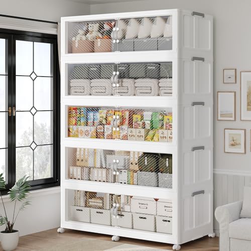 300GAL/1200QT Plastic Storage Bins with Lids & Wheels, Collapsible Stackable Storage Boxes, Large Folding Cabinet Organizers for Closet Home Kitchen Office, 5Pack White - color: White, size: 60Gal-5Pack