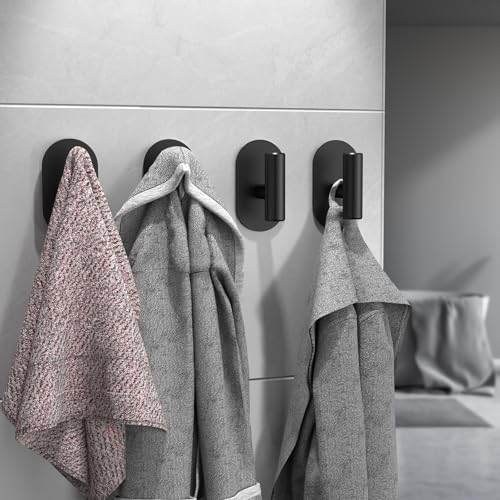 Aikzik Black Adhesive Hooks Heavy Duty, Wall Hooks for Shower, Bathroom, Towel, Coat, Robe, Stainless Steel Hooks for Hanging, Waterproof & Rustproof Sticky Hooks for Walls No Damage- 2 Pack - color: Black