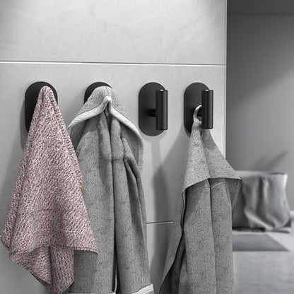 Aikzik Black Adhesive Hooks Heavy Duty, Wall Hooks for Shower, Bathroom, Towel, Coat, Robe, Stainless Steel Hooks for Hanging, Waterproof & Rustproof Sticky Hooks for Walls No Damage- 2 Pack - color: Black