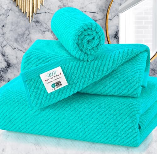 Turquoise Towels for Bathroom - 100% Cotton | Quick Dry | Thick | Lightweight, 3PCS Towel Set, 1 Large Bath 30"x56",1 Soft Hand 18"x28",1 Absorbent Washcloth 13"x13", Bath Towels with Hanging Loops - color: Turquoise, size: 3 PC Bathroom Towel Set