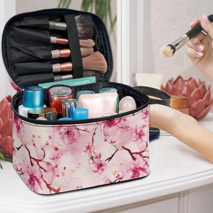 Makeup Brush Bag Cherry Blossom Pink Printed Large Capacity Travel Cosmetic Bag Toiletries Accessories with Handle and Divider Portable Brush Holder Bags - color: Cherry Blossom Pink