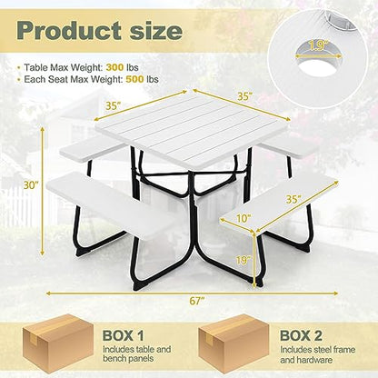 Tangkula 8 Person Picnic Table, Outdoor Square Picnic Table with 4 Built-in Benches, Umbrella Hole, Metal Frame & HDPE Tabletop, Outside Table and Bench Set for Backyard, 2300lbs Weight Capacity - color: White