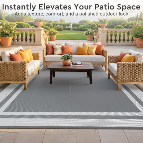 Mattitude Outdoor Rug Reversible Portable Plastic Straw Camping Rugs for Outside RV,Large Waterproof Outdoor Area Rugs for Patio,Deck,Porch,Balcony(5'x 8',White&Gray) - size: 5' x 8' (Rectangular)