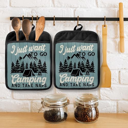 Retro Rustic Forest Camping Pot Holders with Pockets, I Just Want to Go Camping Oven Pot Holders Heat Resistant Oven Mitts Hot Pads for Kitchen Baking Cooking - color: Campfire-e