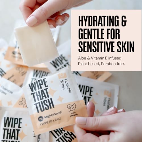 Wipe That Tush On-The-Go Flushable Wipes Bulk Pack - 12 Packs of 10 Individually Wrapped Travel Wipes, 120 Total - Fragrance Free - Hypoallergenic With Aloe & Vitamin E - Septic Safe - size: 1 Count (Pack of 120)
