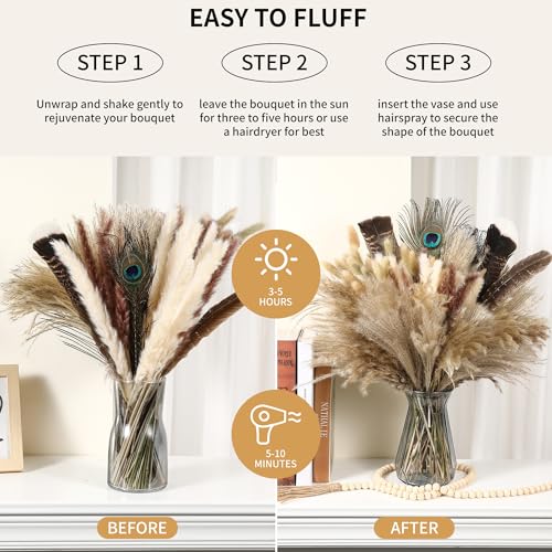 Bpole Dried Pampas Grass Decor - 100Pcs16-17 inch Pampas Grass Bouquet with Natural Feathers Boho Flowers Arrangement for Vase,Home Wedding Party Centerpiece and Rustic Farmhouse Decor - size: 16-17inch 100PCS