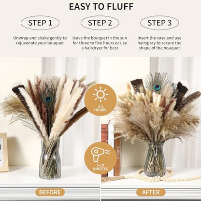 Bpole Dried Pampas Grass Decor - 100Pcs16-17 inch Pampas Grass Bouquet with Natural Feathers Boho Flowers Arrangement for Vase,Home Wedding Party Centerpiece and Rustic Farmhouse Decor - size: 16-17inch 100PCS