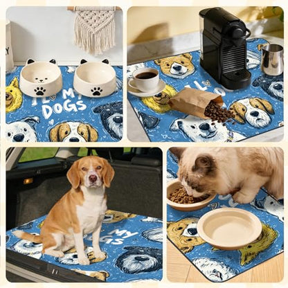Nuxovilar Pet Dog Supplies Food Mat Colorful Pup-Printed Polyester (23.62×17.71 inches) Bowl Water Spill Pad Feeding Essentials for Living Room, Pantry, Pet Space - color: HC00142