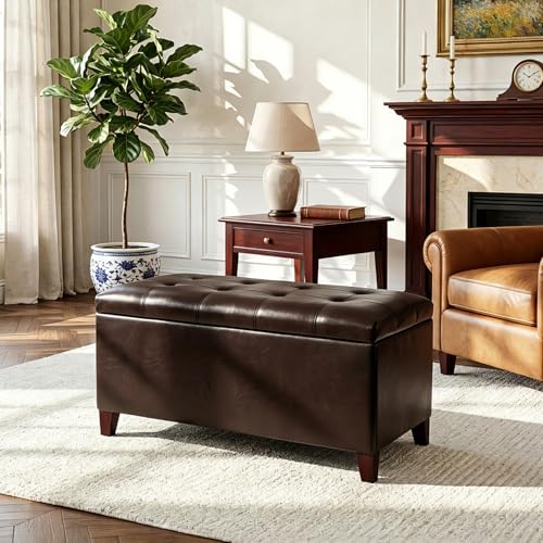 Joveco Storage Ottoman Bench, 33 Inches Faux Leather Rectangle Tufted Foot Stool for End Foot of Bed, Bedroom, Living Room, Brown - color: Brown Faux Leather