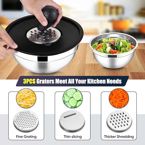 E-far Stainless Steel Mixing Bowls with Lids Set, 5-Piece Nesting Salad Bowls with 3 Grater Attachments and Non-Slip Bottoms, Size 4.6, 2.6, 2, 1.5, 1QT for Kitchen (Black) - color: Black, size: 5 Regular Sizes