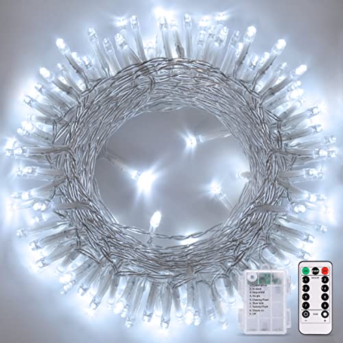 JMEXSUSS White String Lights Battery Operated with Remote, 33ft 100 LED Battery Christmas Lights, 8 Modes Outdoor Indoor Fairy String Lights for Bedroom Wedding Tree Yard Porch Xmas - color: Cool White, size: 1*100LED