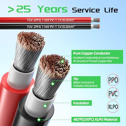 Bateria Power 2x50 Feet 8AWG (10mm²) Solar Panel Wire, Tinned Copper Solar Panel Extension Cable PV Wiring for Photovoltaic Solar System, Automotive RVs, Marine (50FT Red + 50FT Black) - color: Black+Red, size: 50Ft 8AWG