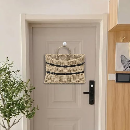 Handmade Seagrass Woven Hanging Basket with Black Cotton Rope - 11.81 x 4.33 x 7.87 Inches - Ideal for Wall Decor & Storage (Half-moon opening) - style: Half-moon opening