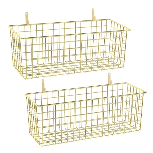 2 Sets Extra Large Hanging Wall Basket, Gold Metal Wire Baskets with Steel Hooks for Organizing, WallmountedFruit Vegetable Toy Snack Storage, Home Kitchen Bathroom Laundry Pantry Organizer - color: Gold