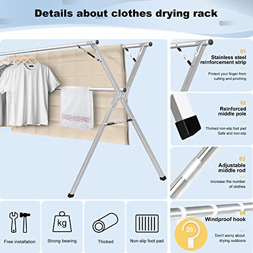 Sarahipe Sillars Clothes Drying Rack, 63 inches Laundry Drying Rack Clothing Foldable & Collapsible Stainless Steel Heavy Duty Clothing Drying Rack with Windproof Hooks for Indoor Outdoor - size: 63"