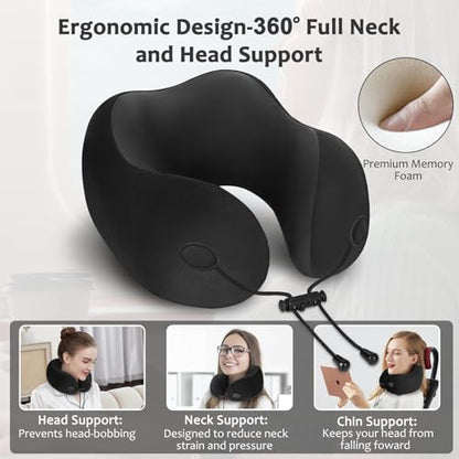 Travel Pillow, Memory Foam Travel Neck Pillow for Airplane, Ergonomic Neck Support with Washable & Breathable Cover, Includes Eye Mask, Earplugs & Compact Bag for Long Flights (Black)