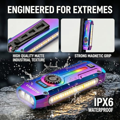 HAUSBELL Flat EDC Flashlight,1800 Lumen UV Magnetic Rechargeable Pocket | Stepless Dimming Dial,Stainless Steel Body,RGB+UV,USB-C Fast Charge,Magnetic Base,Waterproof, for Work,Camping & Emergency - color: Iridescent