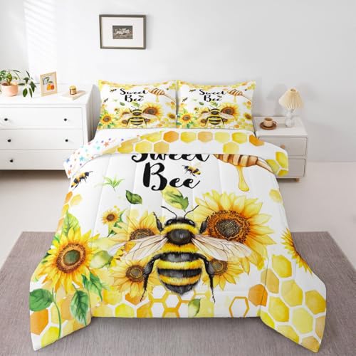 Feelyou Sweet Honey Bee Comforter Set for Girls Boys Yellow Bee Comforter Sunflower Bedding Set Honeycomb Bee Room Decor Geometric Hexagon Duvet Set Full Size Quilt 3Pcs Boys - color: Multi Aa02, size: Full