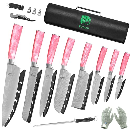 FULLHI 15pcs Japanese Knife Set with Magnetic Knife Block Holder, Japan Stainless Steel Blades, Ergonomic Handles for Professional and Home Cooking (Pink, Knife set) - color: Pink, size: 14 Piece Knife Set
