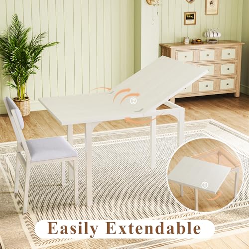 HUAHUU Dining Table Set for 4, Extendable Kitchen Table Cushion Chairs Set of 4, Rectangle Dining Table with Metal Frame & MDF Board, Folding for Small Apartment Saving Space, White - color: White