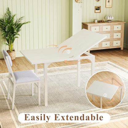 HUAHUU Dining Table Set for 4, Extendable Kitchen Table Cushion Chairs Set of 4, Rectangle Dining Table with Metal Frame & MDF Board, Folding for Small Apartment Saving Space, White - color: White