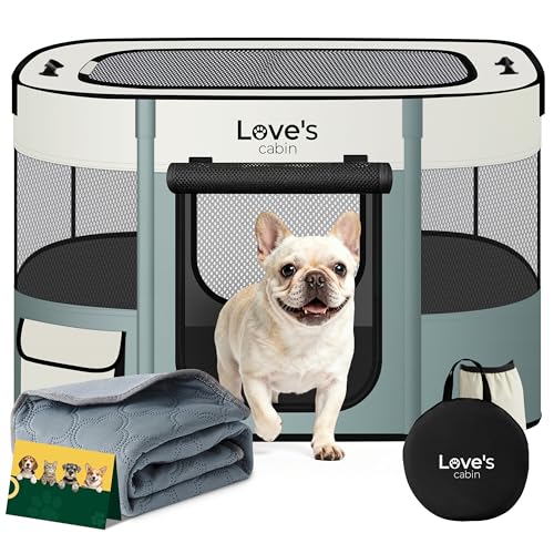 Love's cabin Dog Playpen Cat Puppy Pen, Portable Playpens for Pet Indoor/Outdoor Travel Camping, Foldable Kennel Tent Crate for Rabbits & Small Animals with Carrying Case (Gray Green with Pad, Small) - color: Gray green with Pad, style: Small