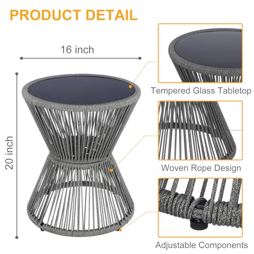 SUNNYPARK Outdoor Side Table 20'' H Small End Tables Woven Rope Weather Resistant with Glass Top Round Coffee Table for Indoor Balcony Patio Poolside (Gray) - color: Grey