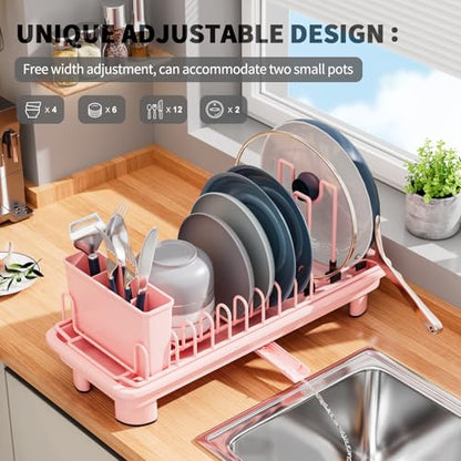 SanDream Small Dish Drying Rack with Removable Utensil Holder & Anti-Scratch Base - Stainless Steel Dish Rack, Dish Drying Rack with Drainage & Space Saving Design for Kitchen Counter, Pink - color: Pink
