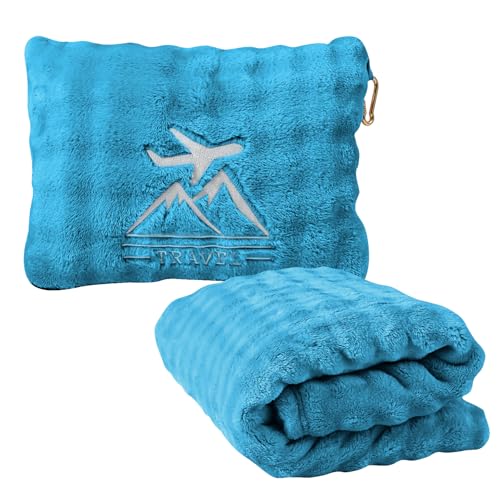 Travel Blanket and Pillow-2-in-1, Ultra-Soft&Compact, One-Piece Airplane Blanket with Hand Luggage Belt and Backpack Clip,Travelers Accessories Gifts, 61x43 Inches (Green) - color: Green