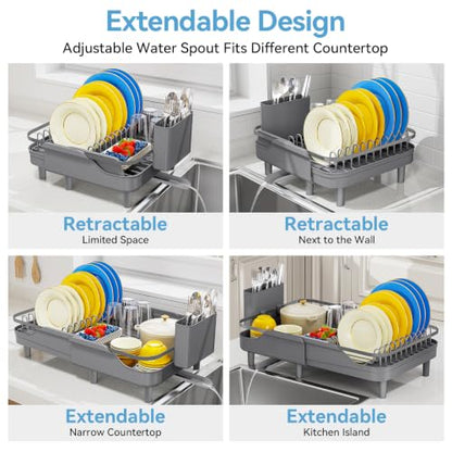 Urackify Expandable Dish Rack for Kitchen Counter,16.14"-23.62" Large Dish Drying Rack with Adjustable Water Spout, Space Saving Dish Drainer with Auto Draining Cutlery Holder, Matte Grey - color: Matte Grey