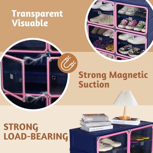 Collapsible Shoe Rack Organizer, 9 Tiers-36 Pairs Foldable Shoe Cabinet with Magnetic Clear Door, Large Plastic Folding Shoe Cabinet Blue & Pink, Easy Assembly Shoe Shelves Organizer for Entryway - size: 9 Tiers-36 Pairs Blue & Pink