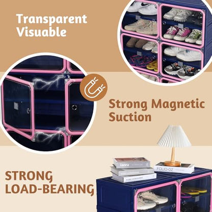 Collapsible Shoe Rack Organizer, 9 Tiers-36 Pairs Foldable Shoe Cabinet with Magnetic Clear Door, Large Plastic Folding Shoe Cabinet Blue & Pink, Easy Assembly Shoe Shelves Organizer for Entryway - size: 9 Tiers-36 Pairs Blue & Pink
