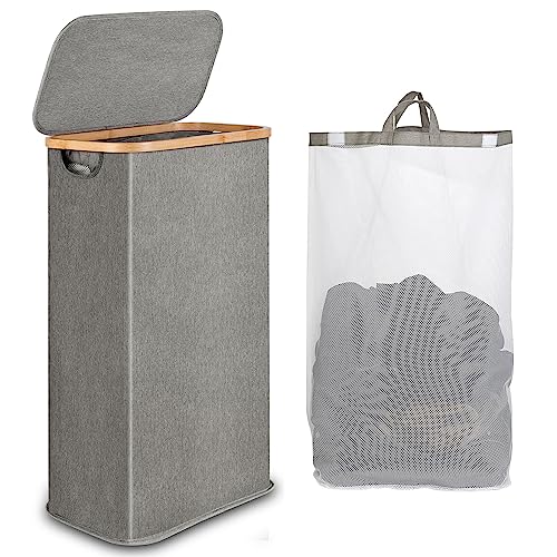iEGrow 65L Slim Laundry Hamper, Narrow Laundry Basket with Lid,Foldable Clothes Hamper with Bamboo Handles,Hamper Basket with Removable Inner Bag for Laundry Room Bedroom College Dorm,17.17 Gals Grey - color: Grey, size: 65L without Wheels