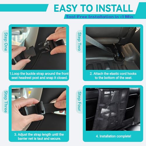 Dog Car Net Barrier,9-Grid Reinforced,Easy Install | Double mesh with zipper storage,Universal fit for SUVs, sedans & trucks,Breathable for AC flow,Keeps dogs safely in back.