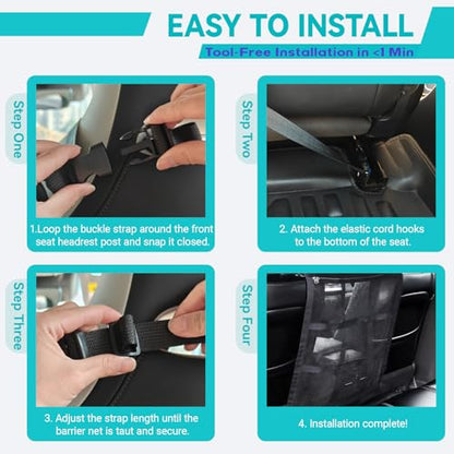 Dog Car Net Barrier,9-Grid Reinforced,Easy Install | Double mesh with zipper storage,Universal fit for SUVs, sedans & trucks,Breathable for AC flow,Keeps dogs safely in back.