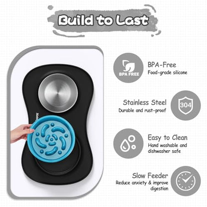 MateeyLife Dog Food and Water Bowl Set 3 in 1, Slow Feeder Dog Bowls & Stainless Steel Water Bowl with Non-Spill Silicone Mat, Cat and Puppy Bowls Pet Dishes for Small Medium Large Breed Anti-Choking - color: Black, size: Small