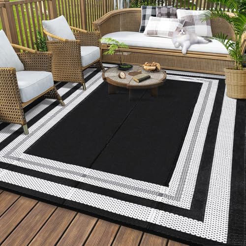 Outdoor Rug 8x10 Waterproof Patio Rugs Modern Border Reversible Mat for Front Door Rv Foldable Plastic Straw Carpet for Travel Trailers, Picnic, Porch, Camper, Balcony, Beach，Black/White - color: Border3 - Black/White, size: 8' x 10' (Rectangular)
