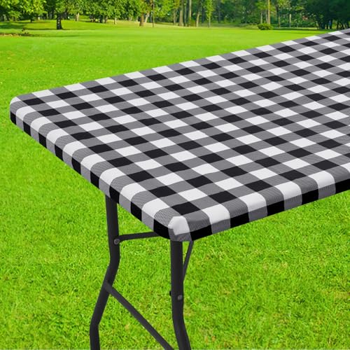 Smiry Rectangle Picnic Table Cloth, Elastic Waterproof Fitted Vinyl Tablecloths, Flannel Backed Buffalo Plaid Table Covers for Dining, Camping, Outdoor (Black and White, 24" x 48") - color: Black and White, size: 48" x 24" (Rectangular)