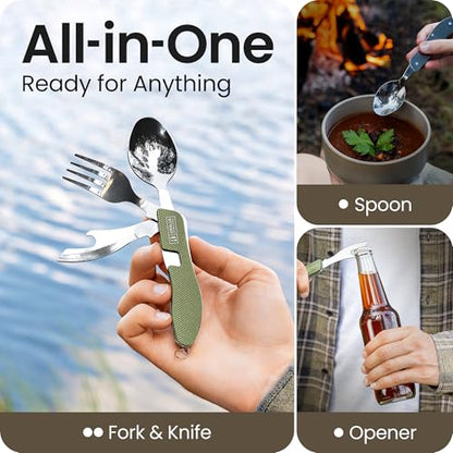 Orblue 4-in-1 Camping Utensils, 1-Pack, Portable Stainless Steel Spoon, Fork, Knife & Bottle Opener Combo Set - Travel, Backpacking Cutlery Multitool Olive Green - color: 1-PACK Olive Green