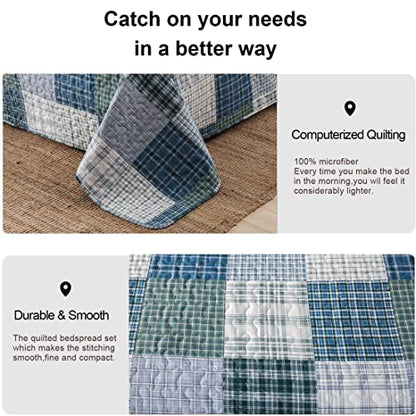 Quilt Set Queen Size Plaid Bedspread Coverlet Queen Quilt Set Bedding Mens Boys Quilt Bedspread Patchwork Bedding Home Modern Soft Lightweight Coverlet Reversible Quilt Bed Spread with 2 Pillow Shams - color: Blue Green Black, size: Full/Queen