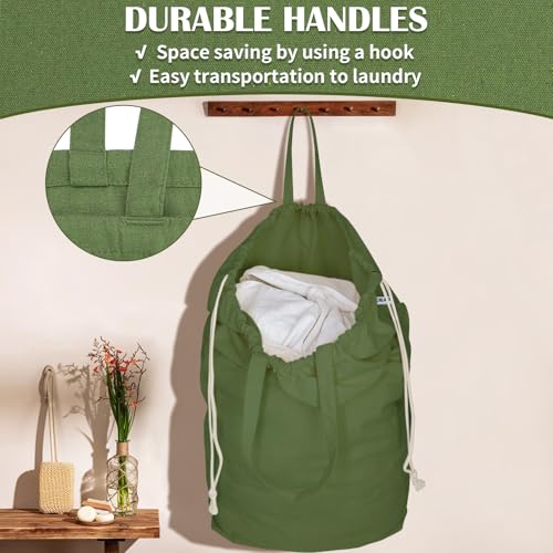Canvas Laundry Bags with Handles & Square Base 13.8"Wx13.8"Dx27.6"H, Large Heavy Duty Laundry Basket Hamper Liner, College Dorm Washable Drawstring Canvas Dirty Clothes Bag (Army Green) - color: Army Green | Square Base, size: 13.8"Wx13.8"Depthx27.6"H